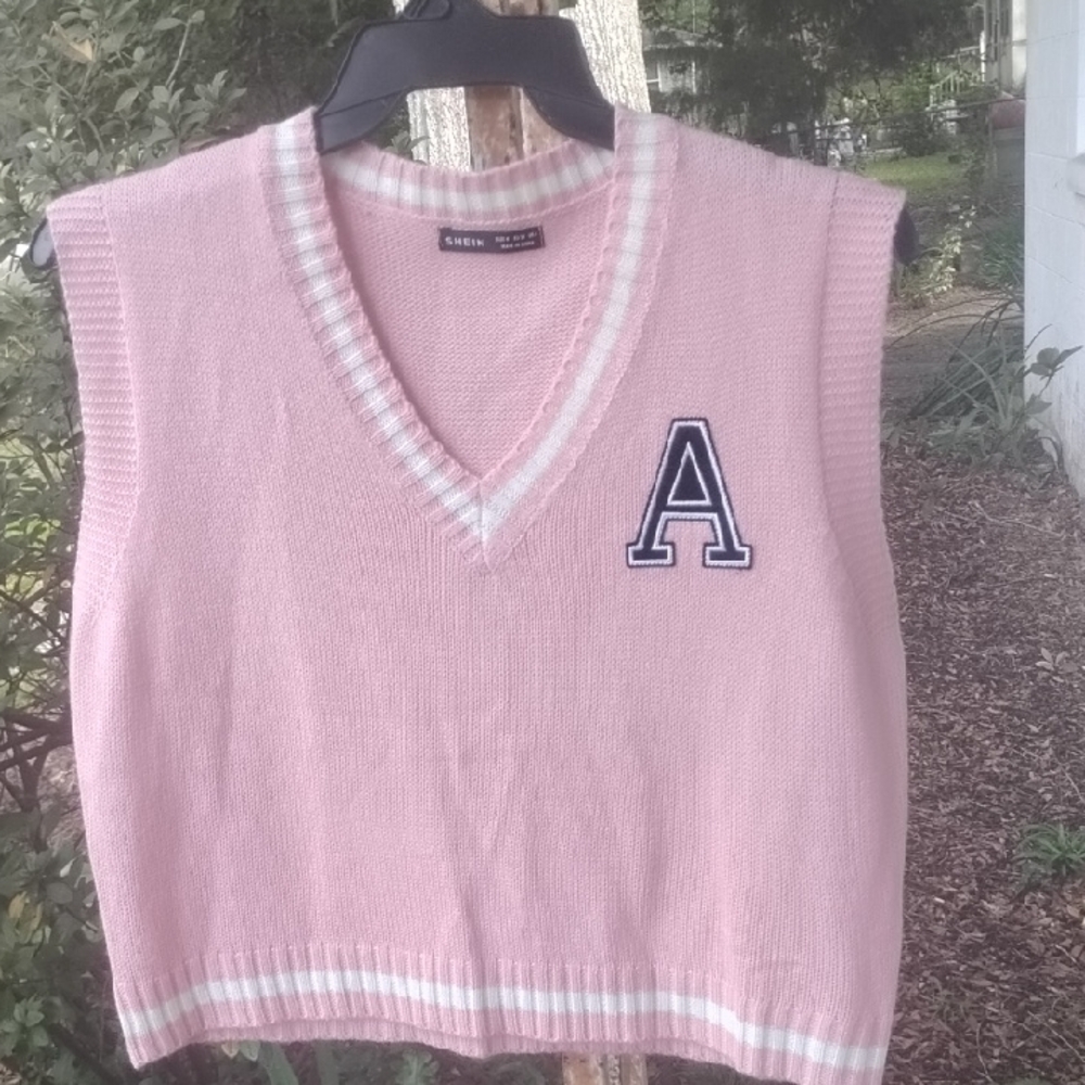 SHEIN Pink V-Neck Sweater Vest with Letter Detail